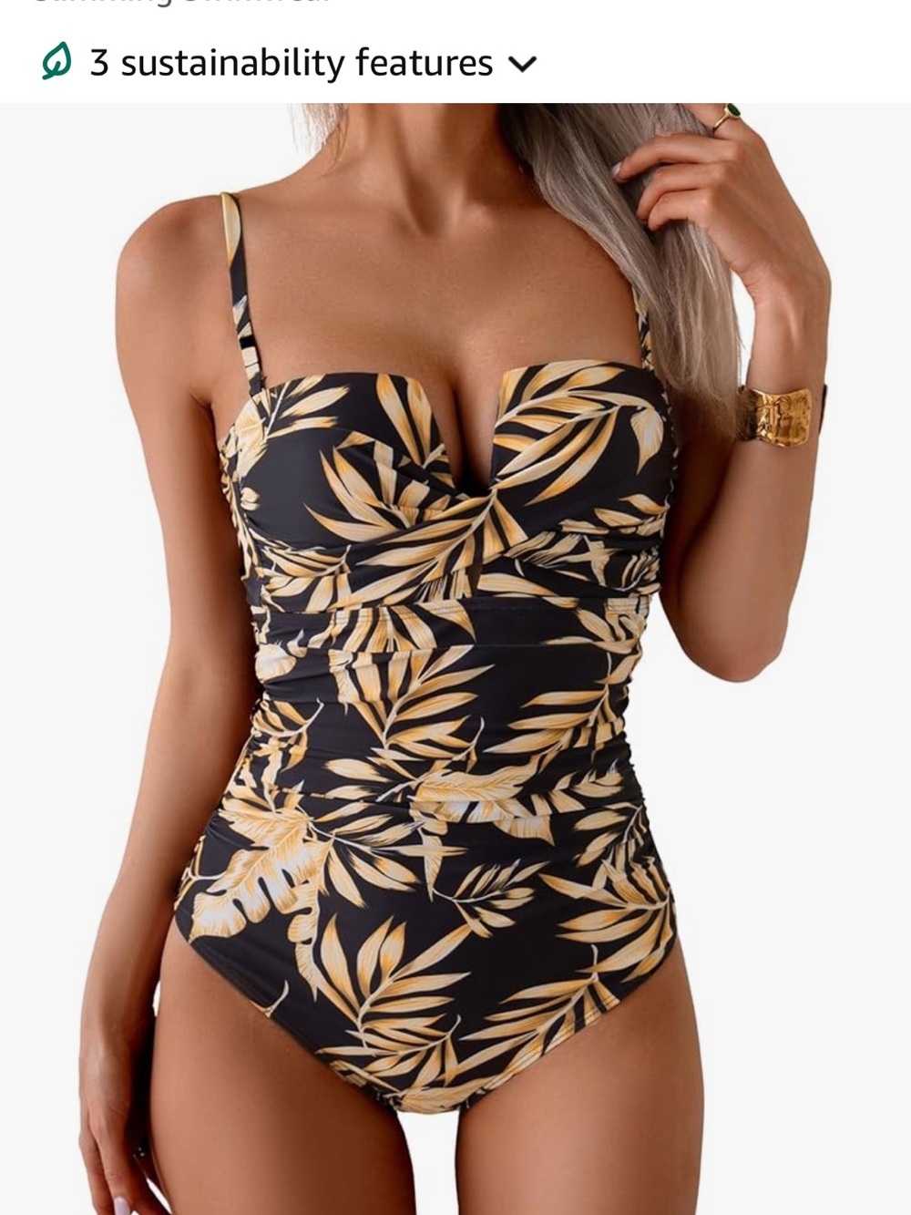 Black & Gold Tropical Ruched One-Piece Swimsuit